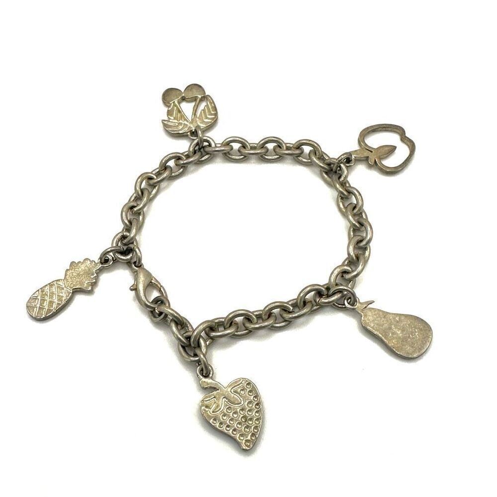 Silver tone vintage fruit charm bracelet